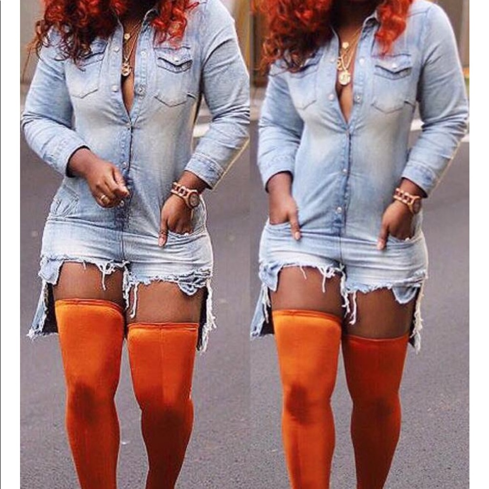 Denim Shirt Jumpsuit with Orange Thigh-Highs
